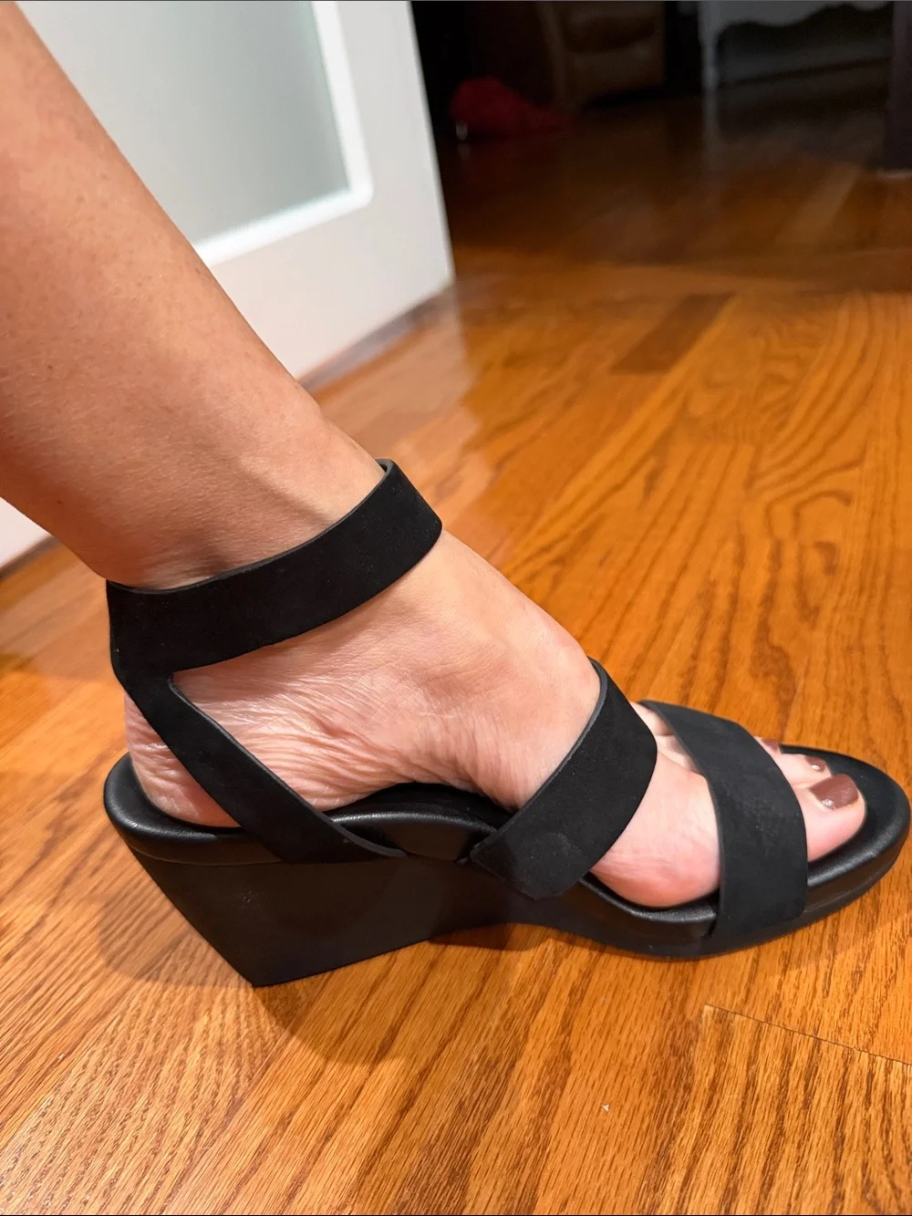 Naturalizer Black Suede Strappy Ankle-Wrap Wedge Sandals